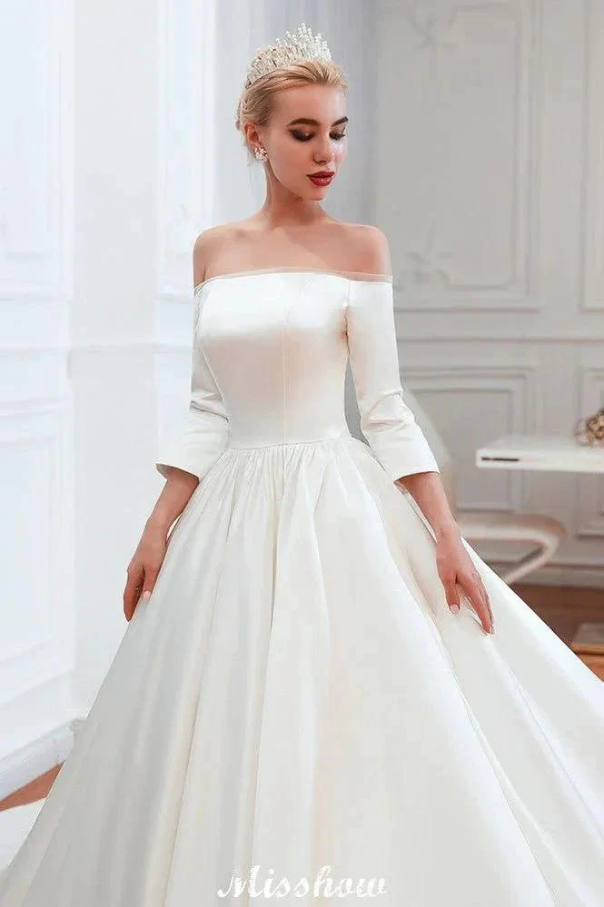 3/4 Sleeves Off-the-Shoulder Ball Gown White Aline Wedding Dress - Image 9