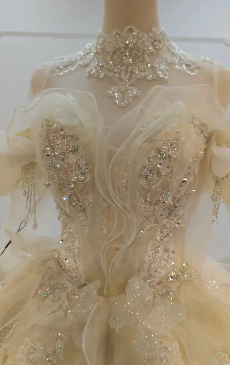 Cream Shimmer Off-Shoulder Ballgown Crystal-Embroidered Skirt & Fringed Collar - Image 2