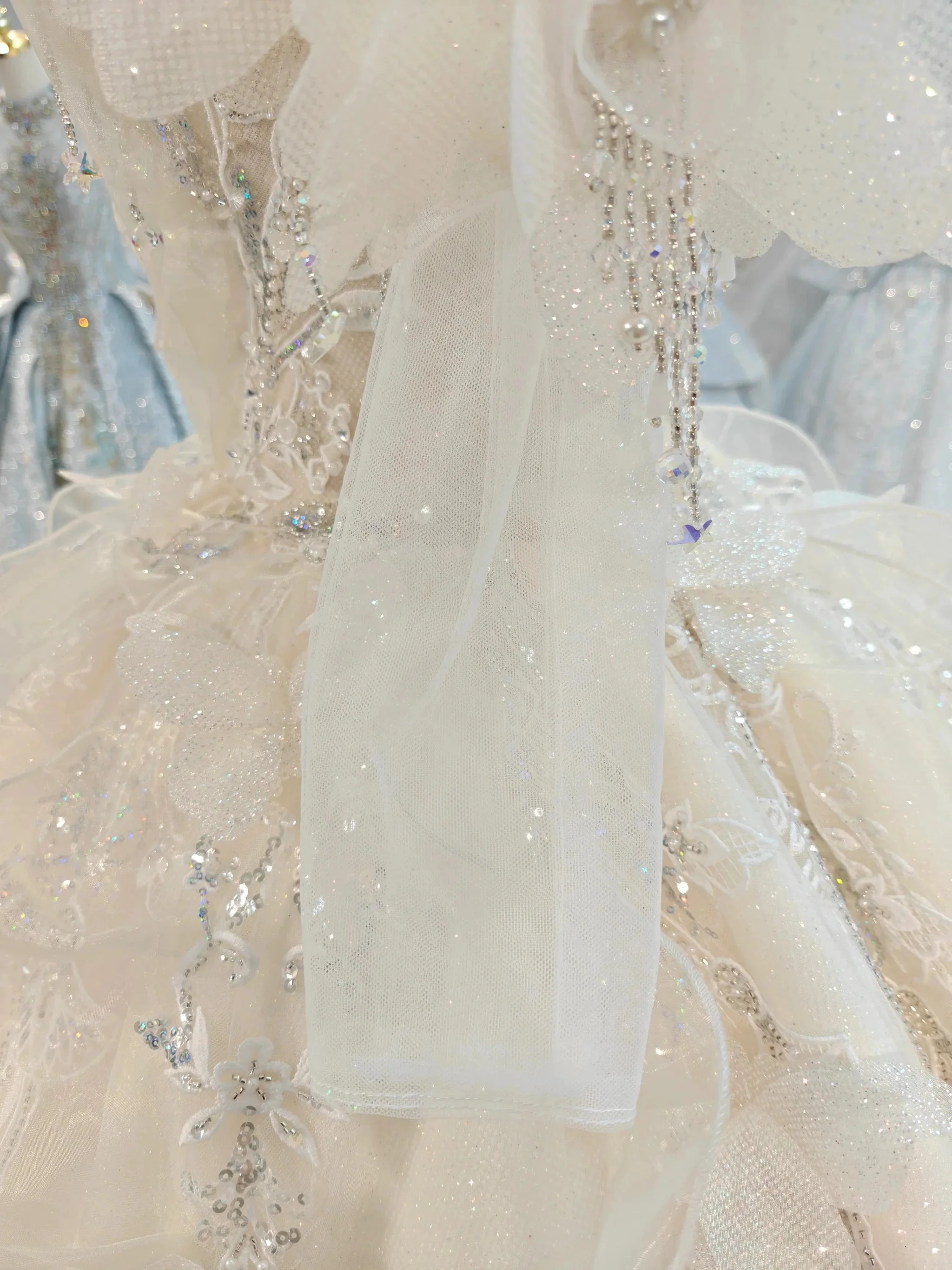 Cream Shimmer Off-Shoulder Ballgown Crystal-Embroidered Skirt & Fringed Collar - Image 3