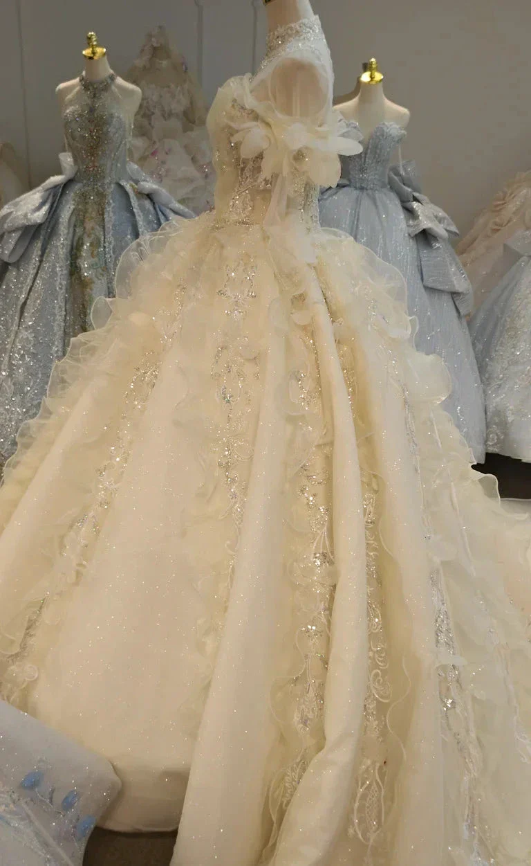 Cream Shimmer Off-Shoulder Ballgown Crystal-Embroidered Skirt & Fringed Collar - Image 4