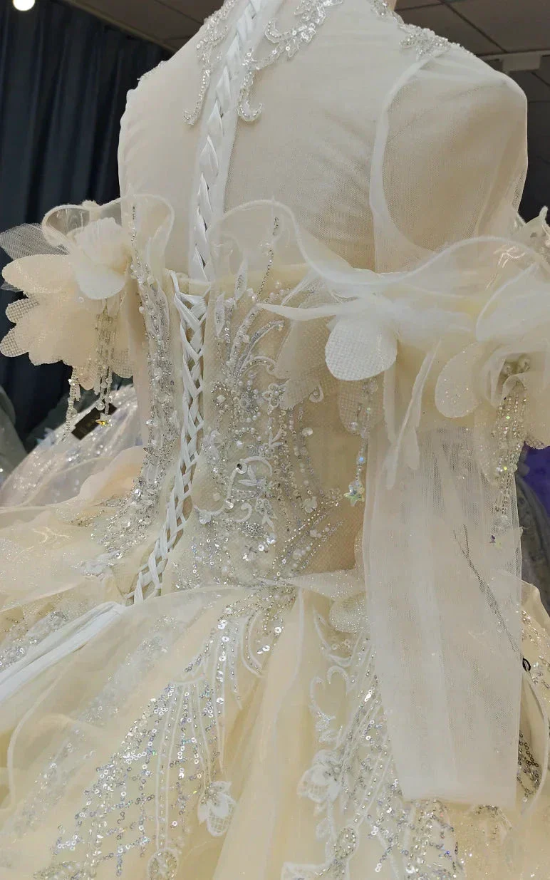 Cream Shimmer Off-Shoulder Ballgown Crystal-Embroidered Skirt & Fringed Collar - Image 5