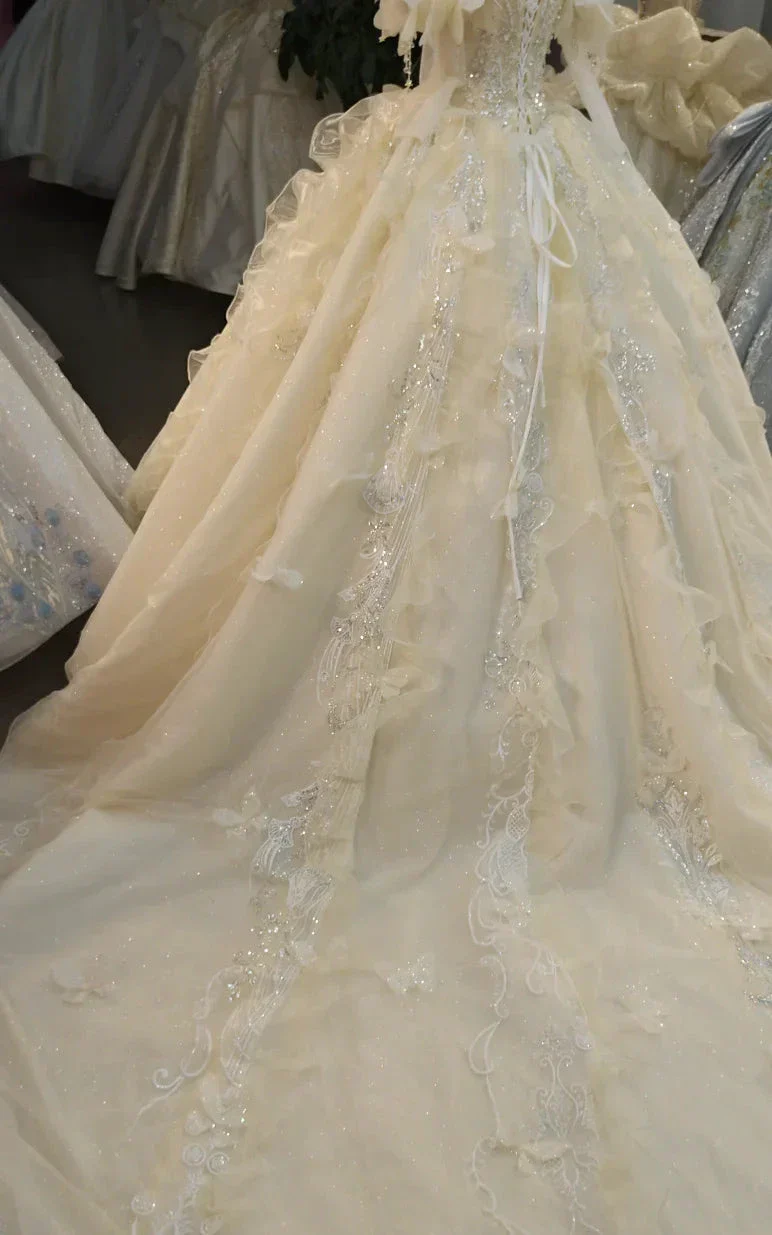 Cream Shimmer Off-Shoulder Ballgown Crystal-Embroidered Skirt & Fringed Collar - Image 6