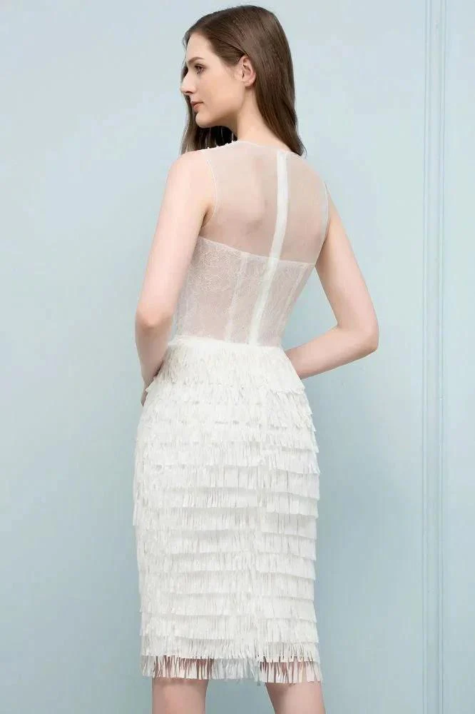 Crew Knee Length Mermaid Sleeveless Prom Dresses with Tassels - Image 2