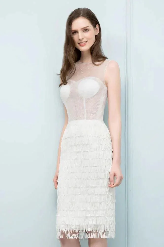 Crew Knee Length Mermaid Sleeveless Prom Dresses with Tassels - Image 3