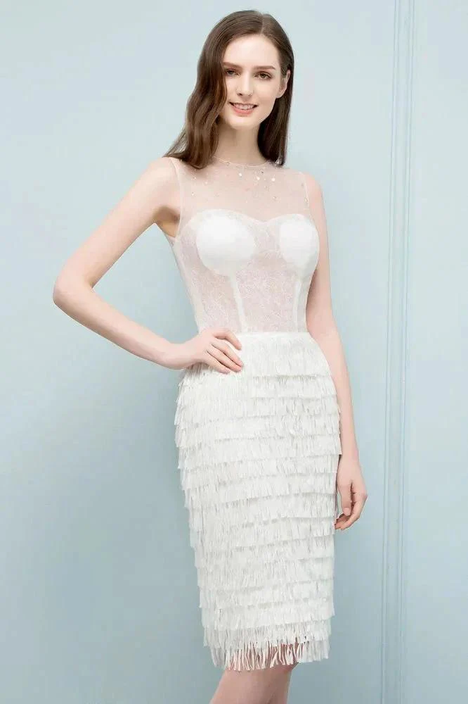 Crew Knee Length Mermaid Sleeveless Prom Dresses with Tassels - Image 7