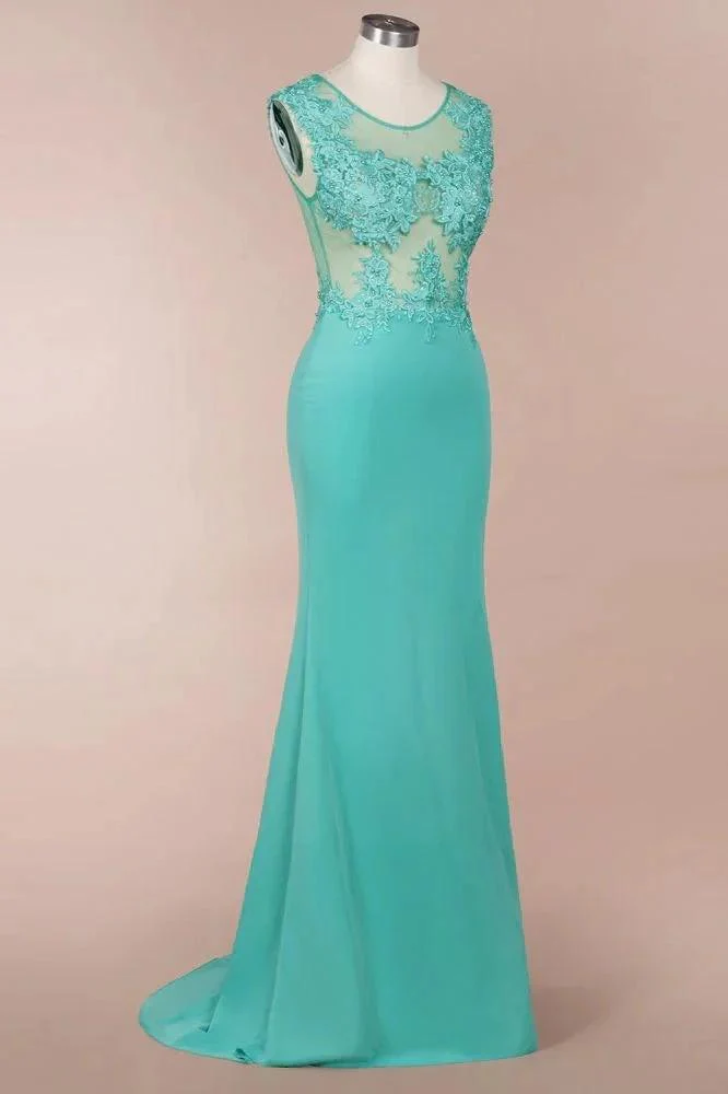 Crew Neck Lace Appliques Chiffon Mermaid Evening Maxi Dress Sleeveless Formal Dress - Image 2