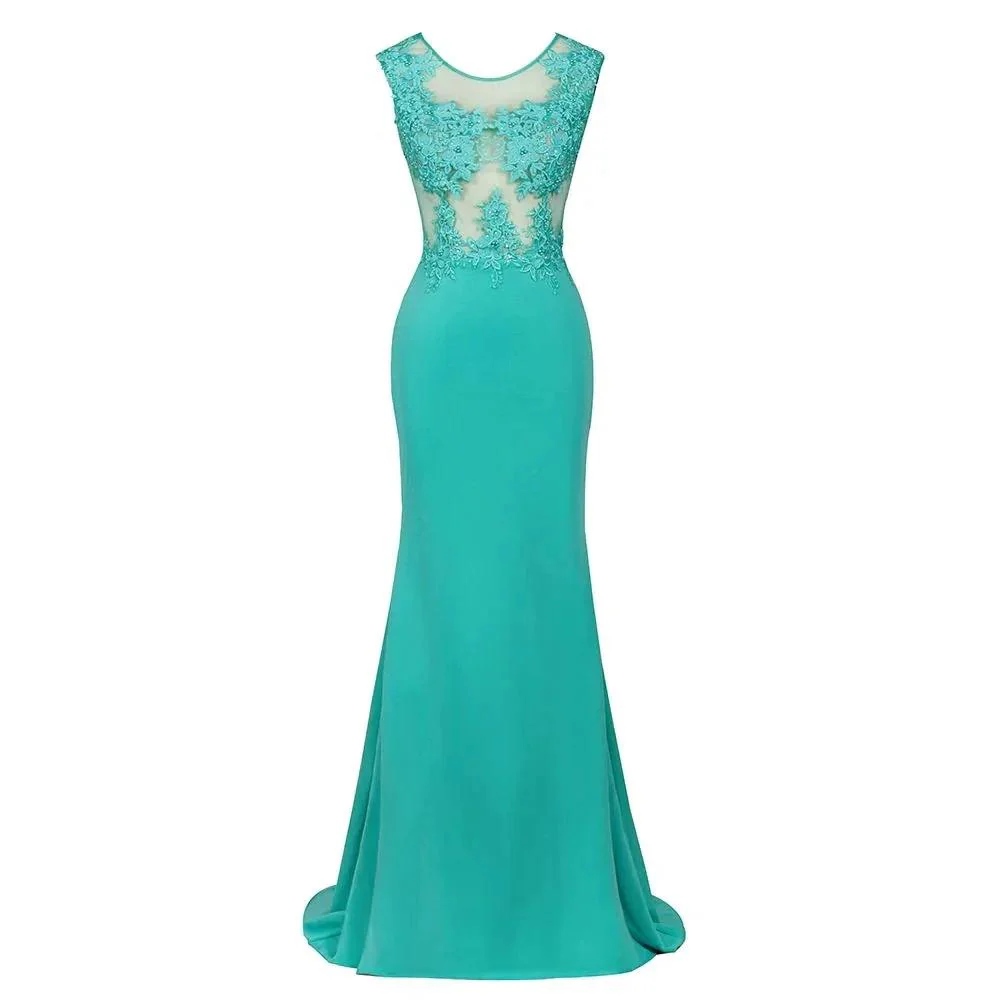 Crew Neck Lace Appliques Chiffon Mermaid Evening Maxi Dress Sleeveless Formal Dress - Image 3