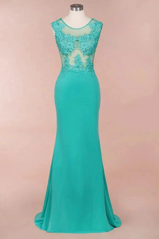 Crew Neck Lace Appliques Chiffon Mermaid Evening Maxi Dress Sleeveless Formal Dress - Image 6