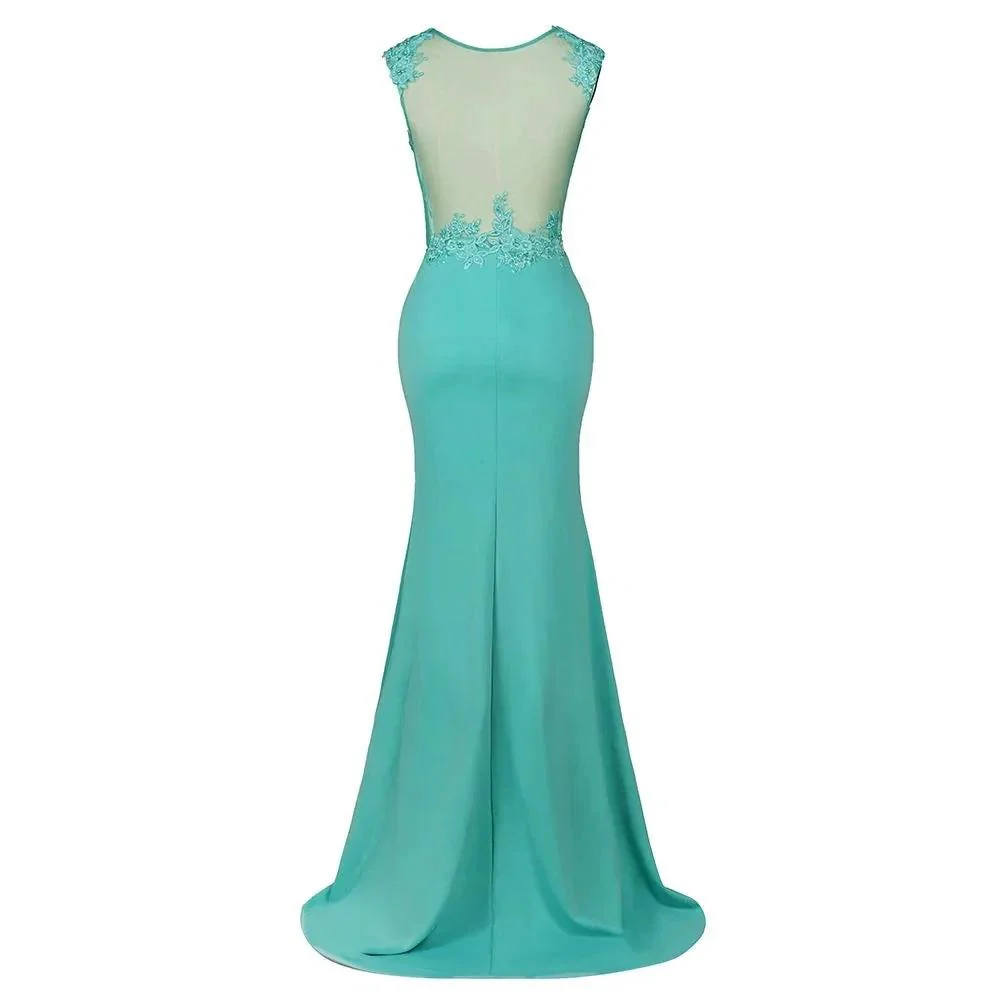 Crew Neck Lace Appliques Chiffon Mermaid Evening Maxi Dress Sleeveless Formal Dress - Image 7