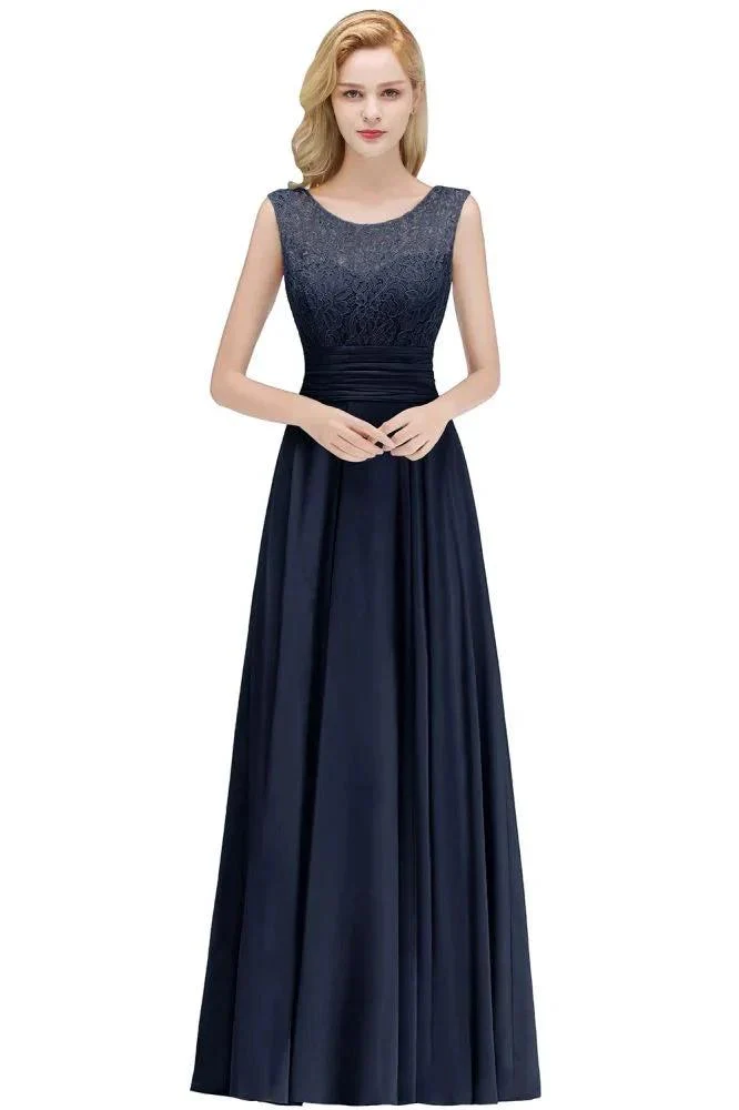 Crew Neck Lace Top Sleeveless Chiffon Bridesmaid Dress Aline Formal Dress - Image 10