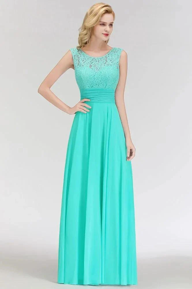Crew Neck Lace Top Sleeveless Chiffon Bridesmaid Dress Aline Formal Dress - Image 2