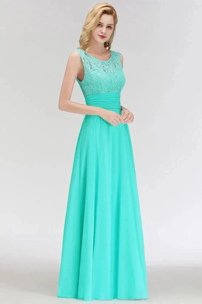 Crew Neck Lace Top Sleeveless Chiffon Bridesmaid Dress Aline Formal Dress - Image 3