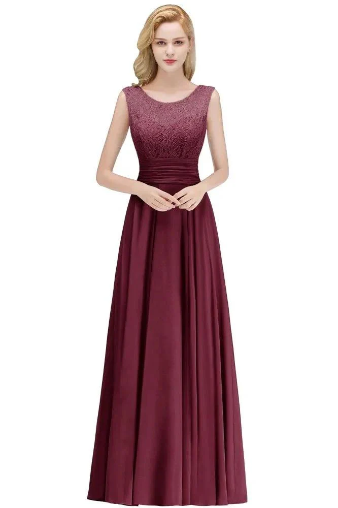 Crew Neck Lace Top Sleeveless Chiffon Bridesmaid Dress Aline Formal Dress - Image 9