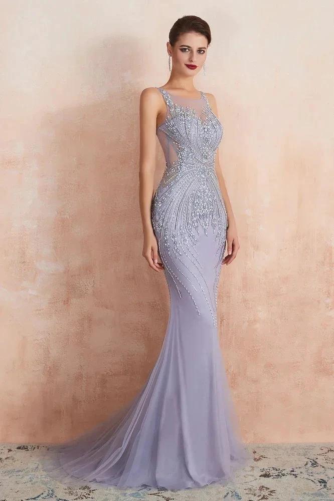 Crew Neck Sleeveless Beading Mermaid Prom Dress Evening Maxi Gown - Image 5