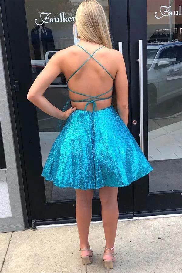Criss Cross A-Line Short Prom Dress Blue Sequins Homecoming Dress PD334 - Image 2