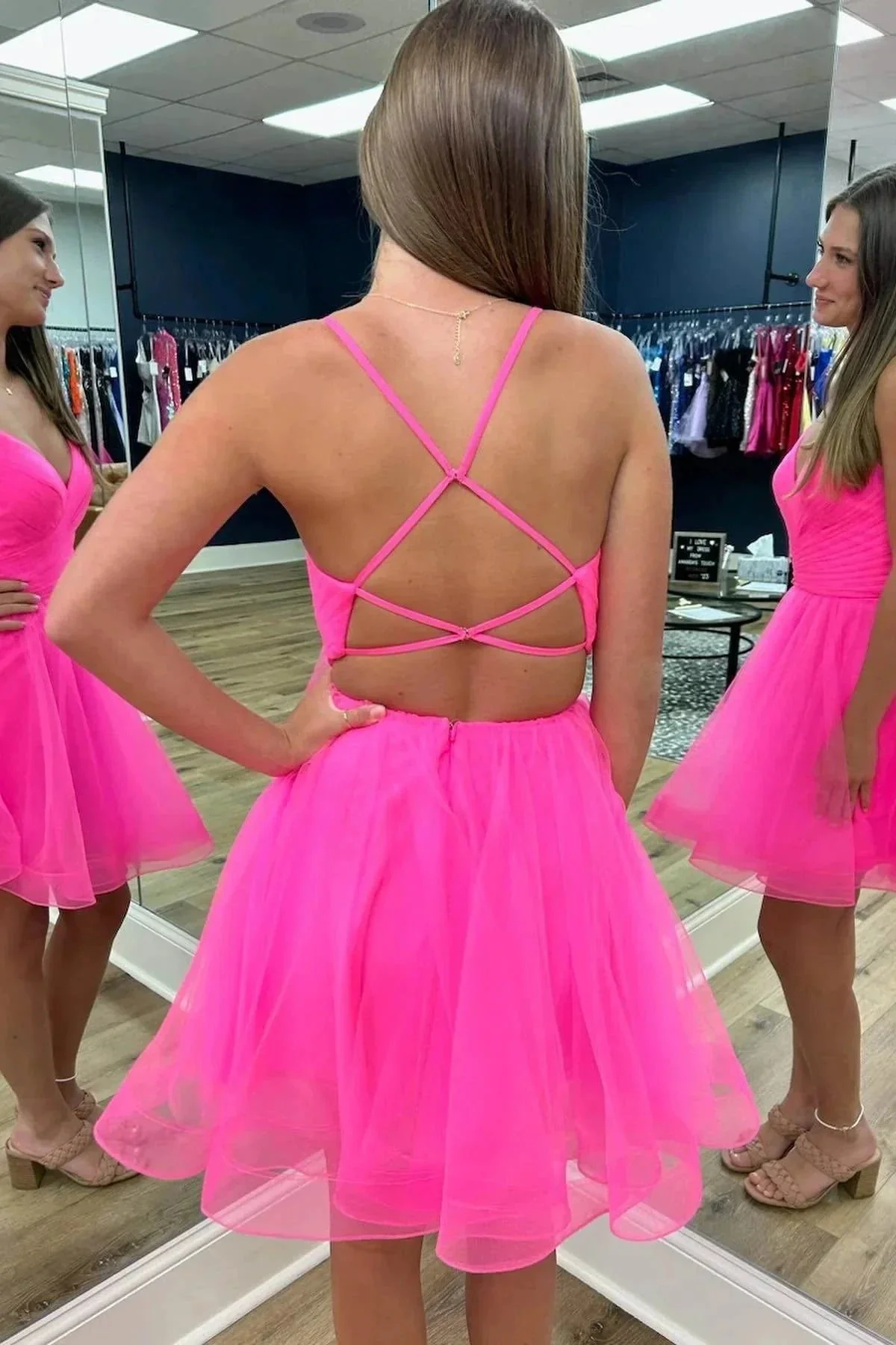 Criss Cross Back Hot Pink Straps A-Line Tulle Homecoming Dress PD487 - Image 2