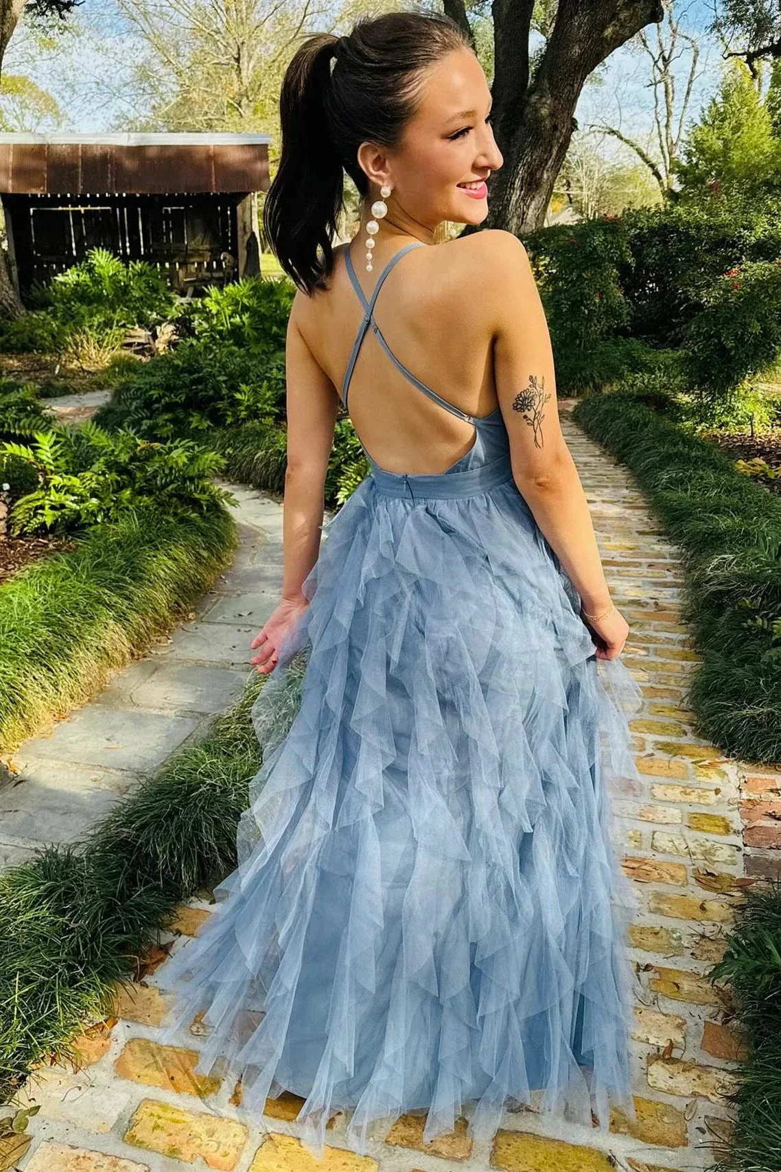 Cross-Back Plunge V Ruffle Maxi Dress in Smoky Blue - Image 2