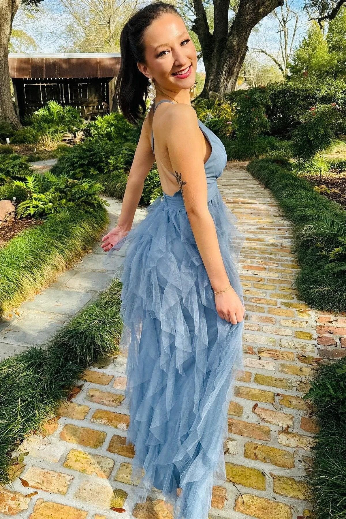 Cross-Back Plunge V Ruffle Maxi Dress in Smoky Blue - Image 4