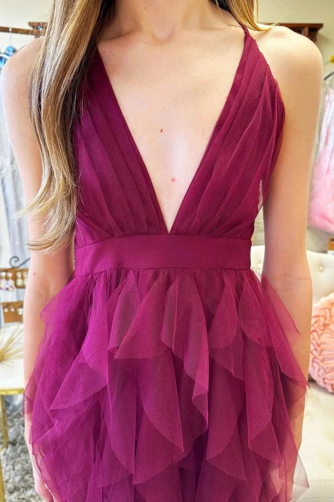 Cross-Back Plunge V Ruffle Maxi Dress in Smoky Blue - Image 7