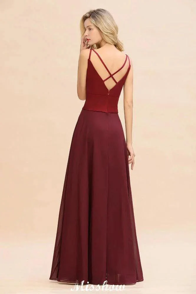 Cross Backless  Floor Length Satin Evening Gowns Burgundy Bridesmaid Dress - Image 2