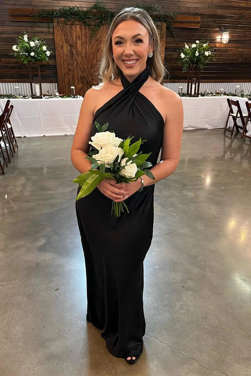 Cross Front Halter Champagne Floor Length Bridesmaid Dress  BD098 - Image 3