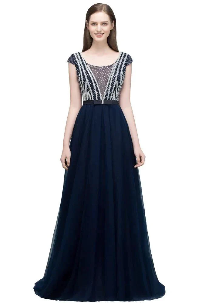 Crystal Beading Tulle A-line Floor Length Cap Sleeves Prom Dresses with Sash - Image 2