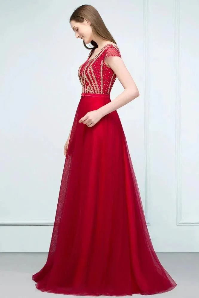 Crystal Beading Tulle A-line Floor Length Cap Sleeves Prom Dresses with Sash - Image 3