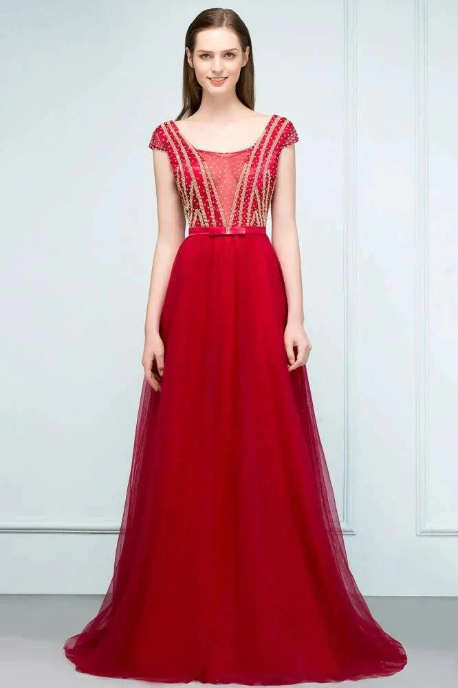 Crystal Beading Tulle A-line Floor Length Cap Sleeves Prom Dresses with Sash - Image 4