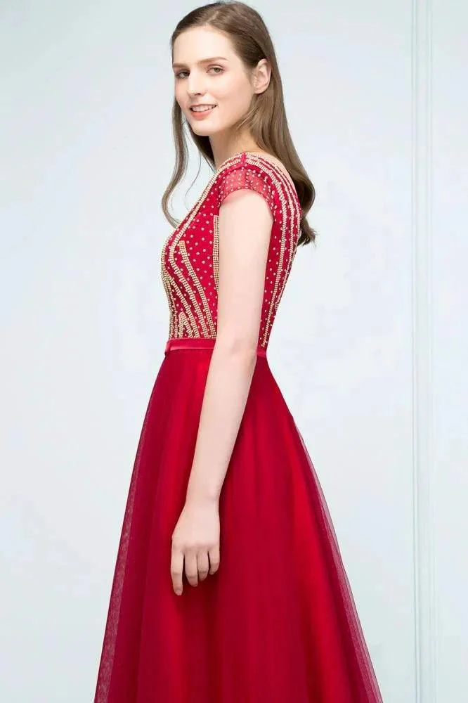Crystal Beading Tulle A-line Floor Length Cap Sleeves Prom Dresses with Sash - Image 5