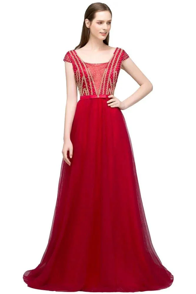 Crystal Beading Tulle A-line Floor Length Cap Sleeves Prom Dresses with Sash - Image 6