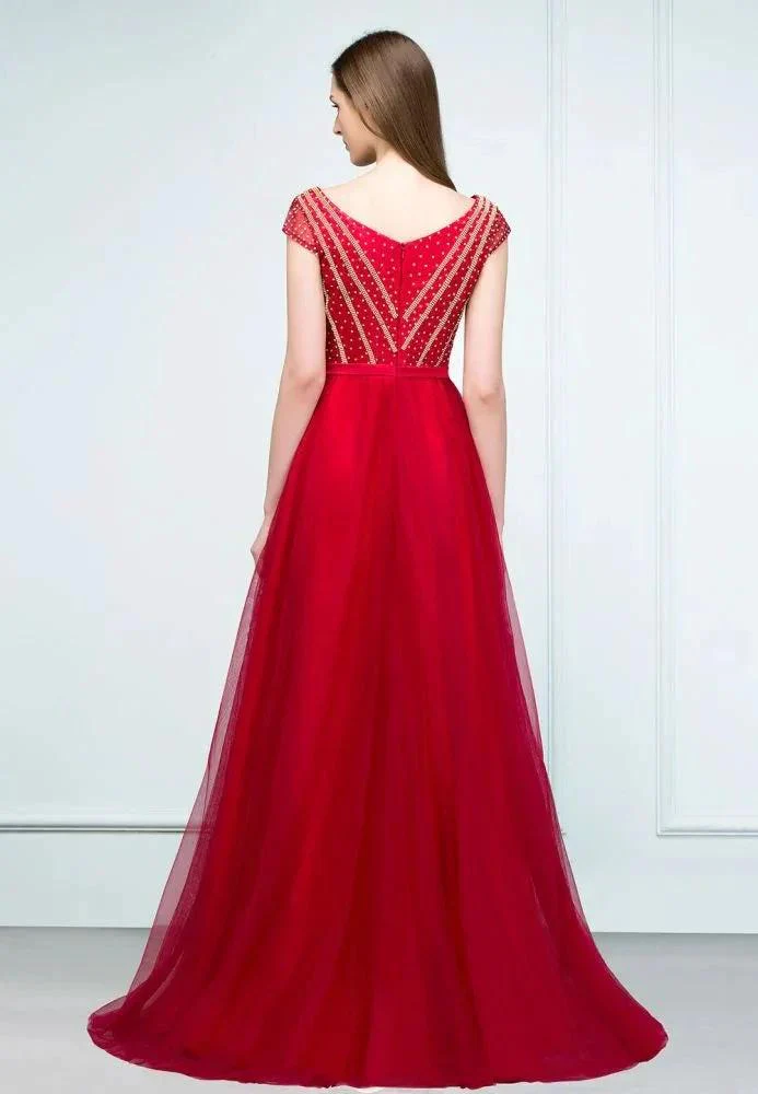 Crystal Beading Tulle A-line Floor Length Cap Sleeves Prom Dresses with Sash - Image 7