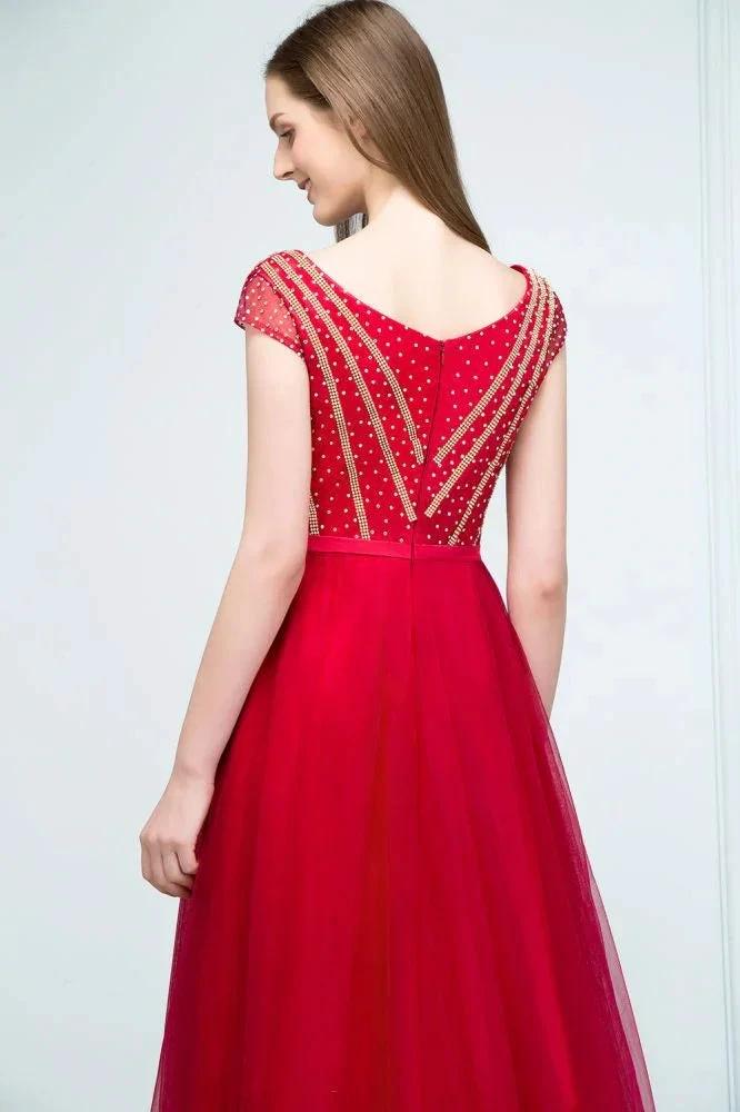 Crystal Beading Tulle A-line Floor Length Cap Sleeves Prom Dresses with Sash - Image 8