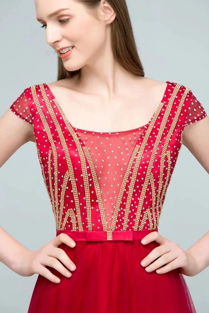 Crystal Beading Tulle A-line Floor Length Cap Sleeves Prom Dresses with Sash - Image 9