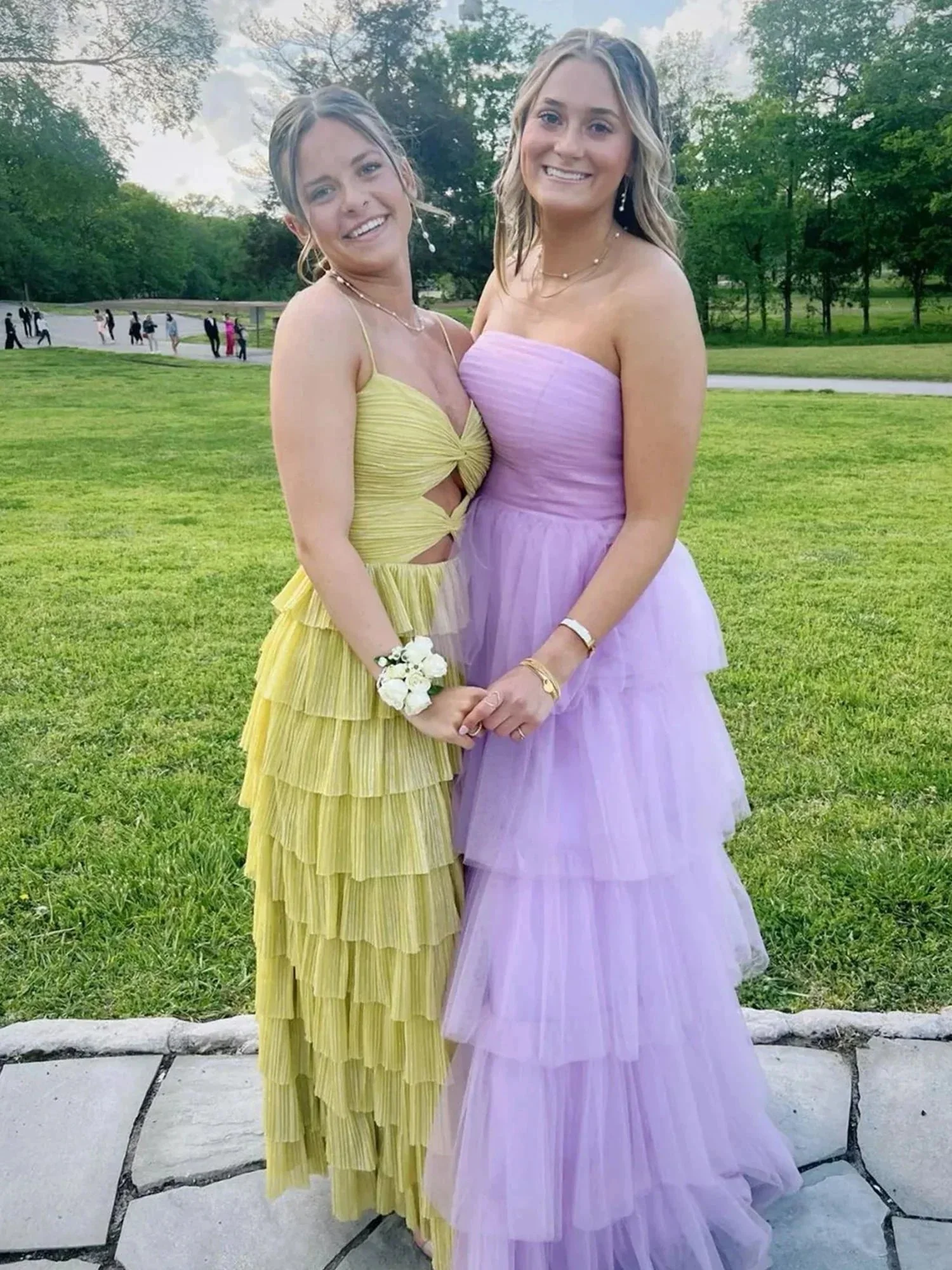 Curitis | Spaghetti Straps Yellow Keyhole Tiered Ruffle Long Formal Dress - Image 2