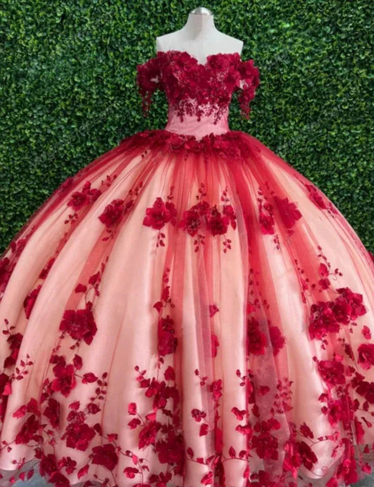 Custom Made 3D Flower Red Lace Quinceanera Dresses Off the Shoulder Ball Gown Y6956 - Image 2