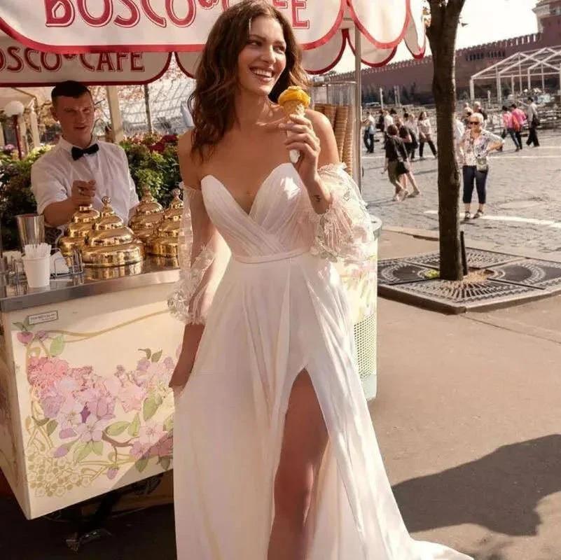 Custom Made Boho Wedding Dress Chiffon Lace Vintaging Gowns Split Side Sexy Beach Bridal Dressee Wedds Cheap Mariage - Image 3