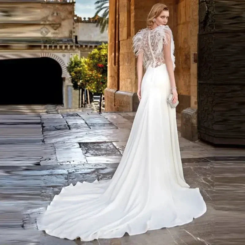Custom Made Feather Mermaid Elegant V-neck Sleeveless Stain Wedding Dress Vestido De Novia Bridal Gown For Women - Image 2