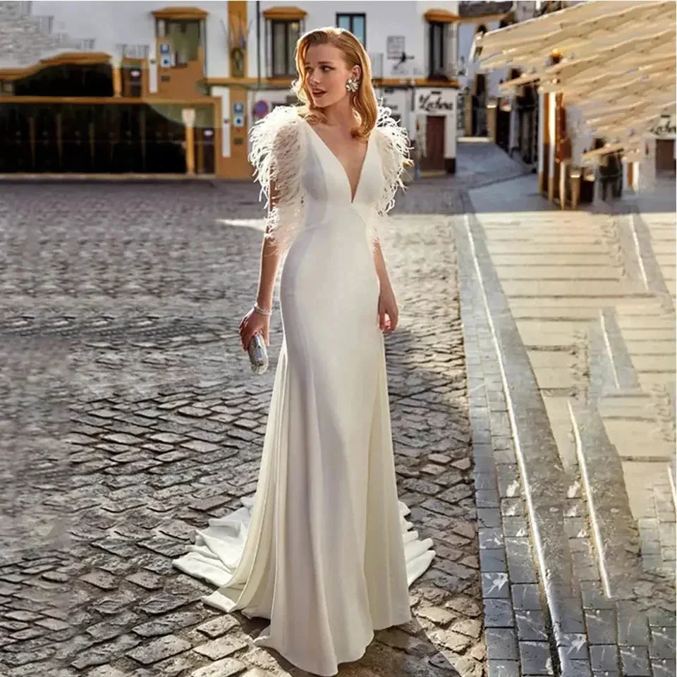 Custom Made Feather Mermaid Elegant V-neck Sleeveless Stain Wedding Dress Vestido De Novia Bridal Gown For Women - Image 4