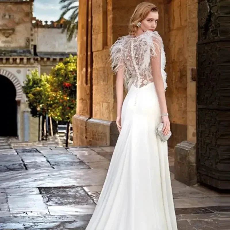 Custom Made Feather Mermaid Elegant V-neck Sleeveless Stain Wedding Dress Vestido De Novia Bridal Gown For Women - Image 6