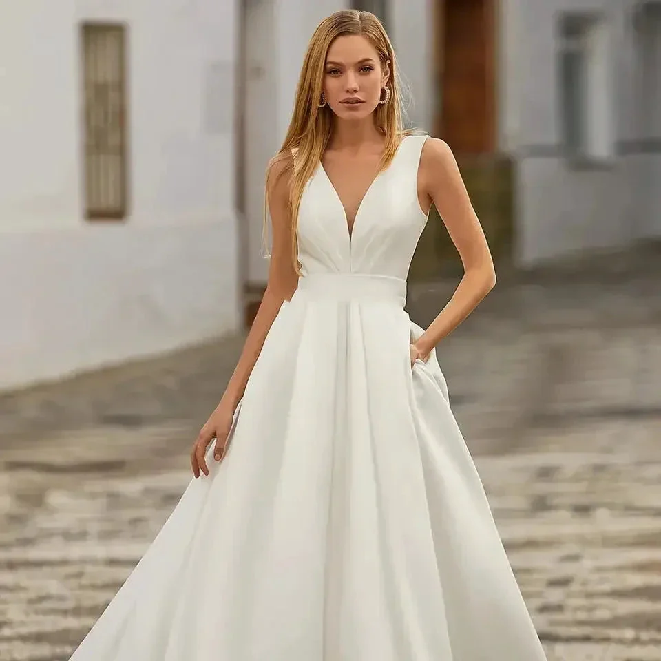 Custom Made Satin Wedding Dresses for Women Beach Boho Bride Gowns Simple Plus Size V-neck Princess Party Dress Pockates - Image 4