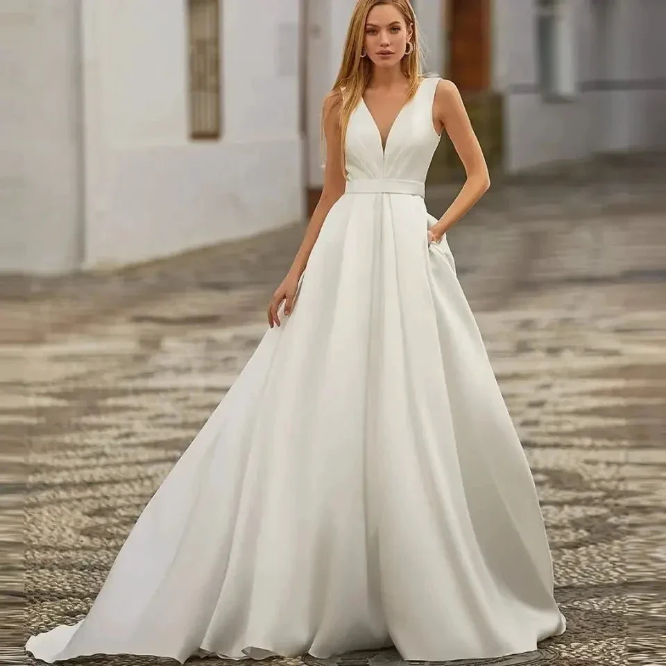 Custom Made Satin Wedding Dresses for Women Beach Boho Bride Gowns Simple Plus Size V-neck Princess Party Dress Pockates - Image 5