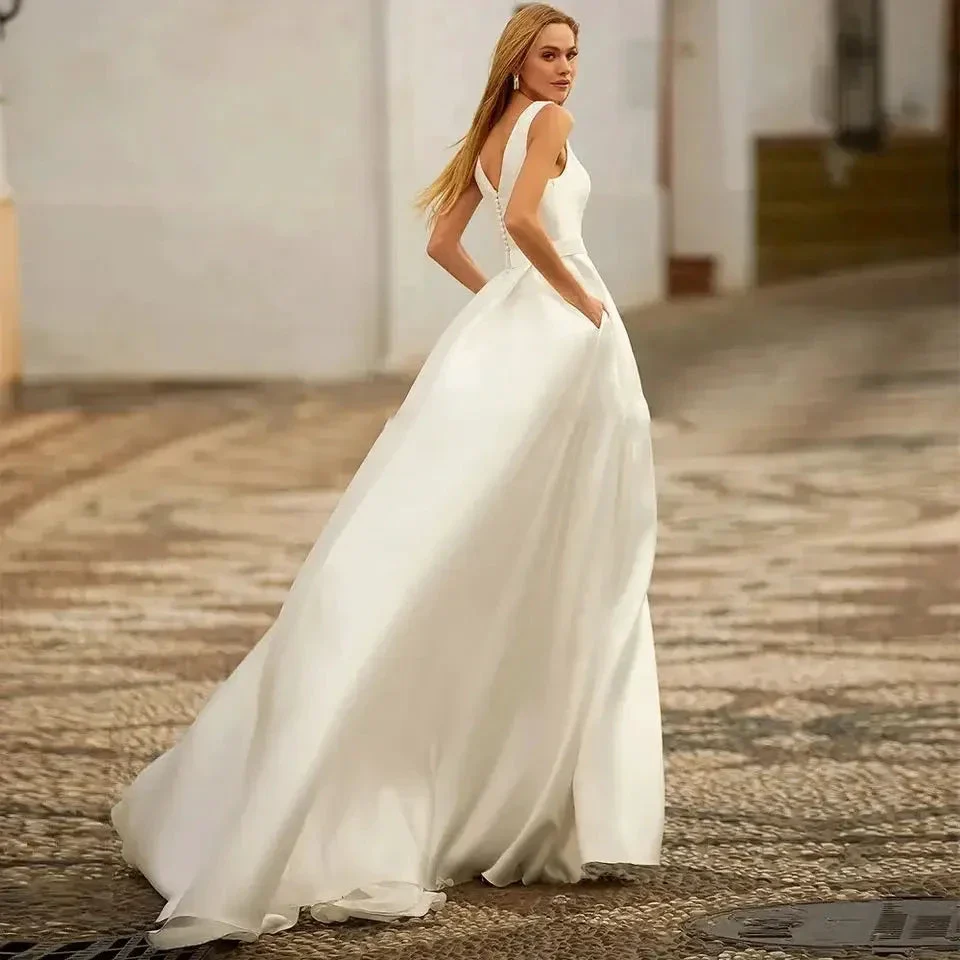 Custom Made Satin Wedding Dresses for Women Beach Boho Bride Gowns Simple Plus Size V-neck Princess Party Dress Pockates - Image 6