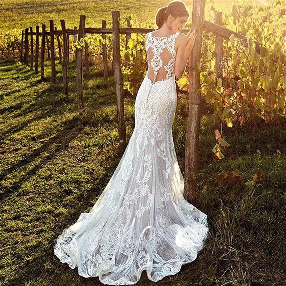 Customized Sexy V-Neck Mermaid Wedding Dress 2026 Lace Boho Sleeveless Bride Gown Buttons Pleats Illusion Back Vestido De Novia - Image 2