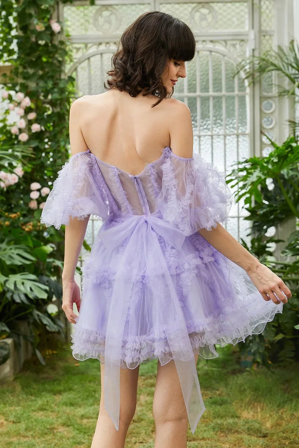 Cute Blush A line Tulle Off The Shoulder Short Homecoming Dress - Image 10