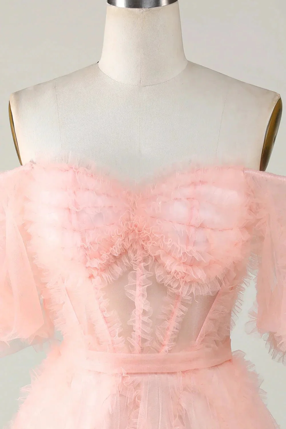 Cute Blush A line Tulle Off The Shoulder Short Homecoming Dress - Image 3
