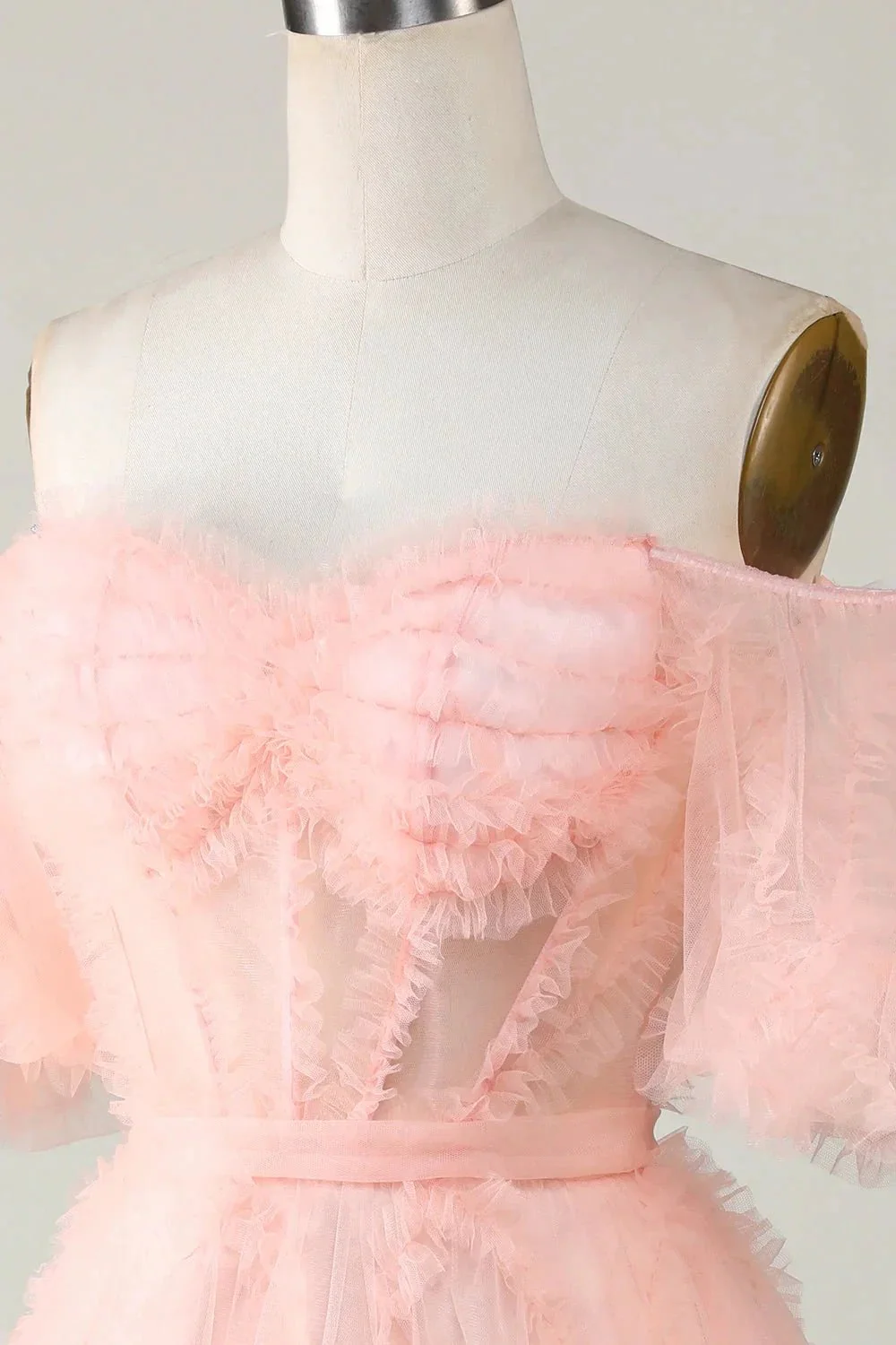 Cute Blush A line Tulle Off The Shoulder Short Homecoming Dress - Image 5
