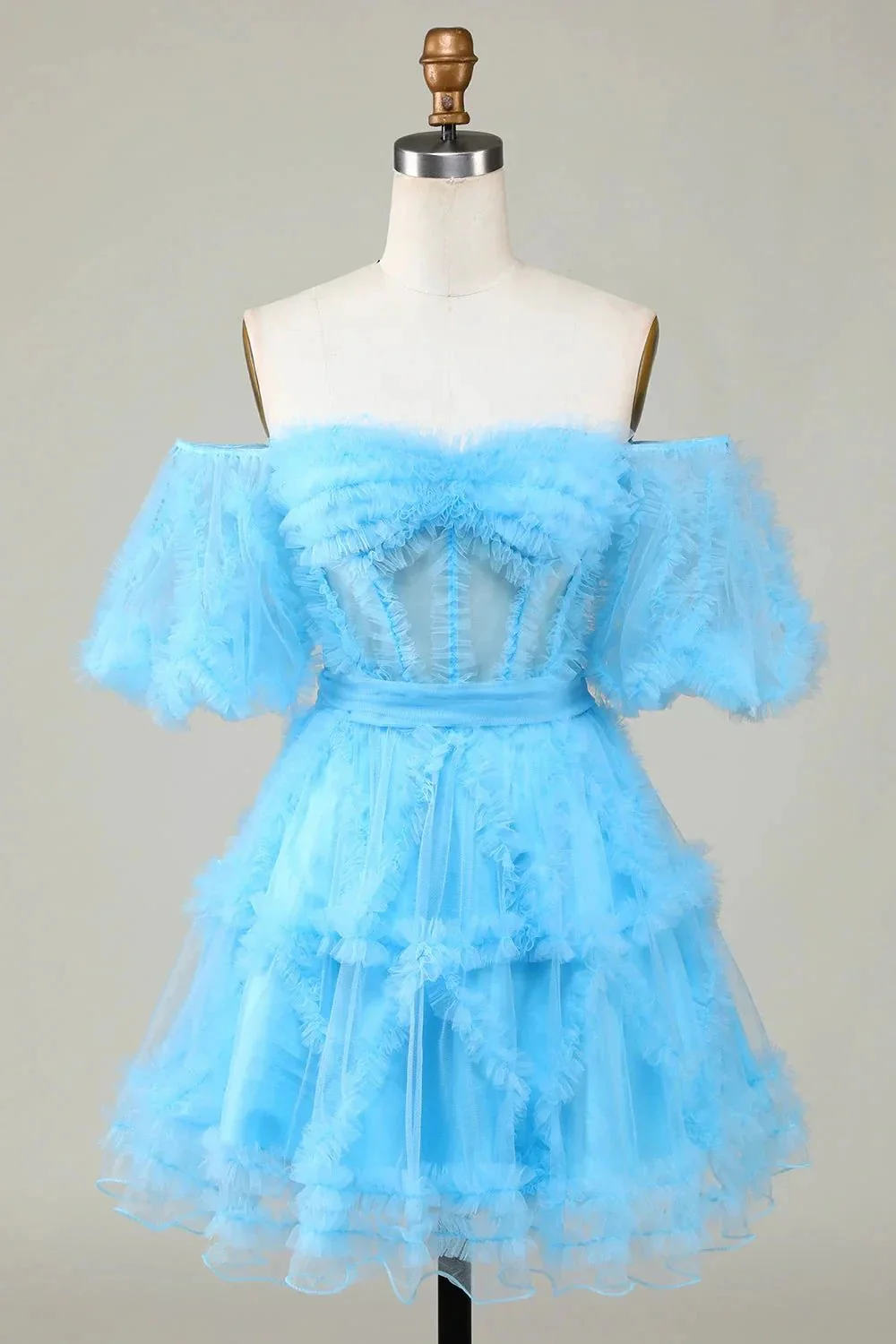 Cute Blush A line Tulle Off The Shoulder Short Homecoming Dress - Image 6