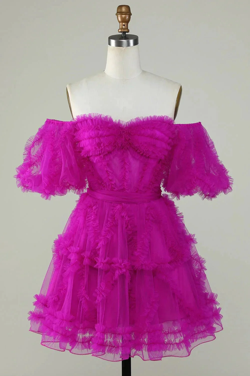 Cute Blush A line Tulle Off The Shoulder Short Homecoming Dress - Image 7