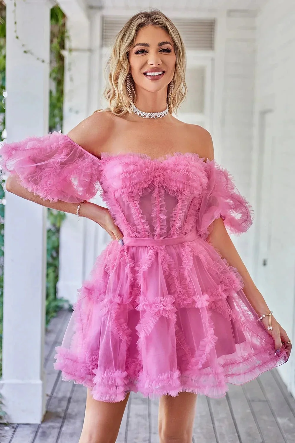 Cute Blush A line Tulle Off The Shoulder Short Homecoming Dress - Image 8