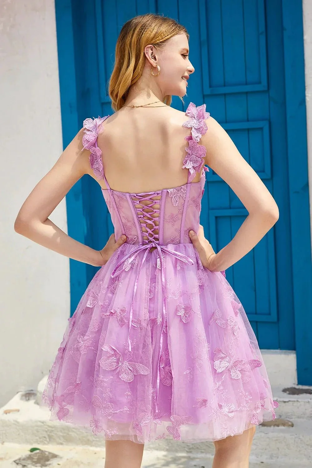 Cute A Line Corset Short Purple Homecoming Dress with Appliques - Image 2